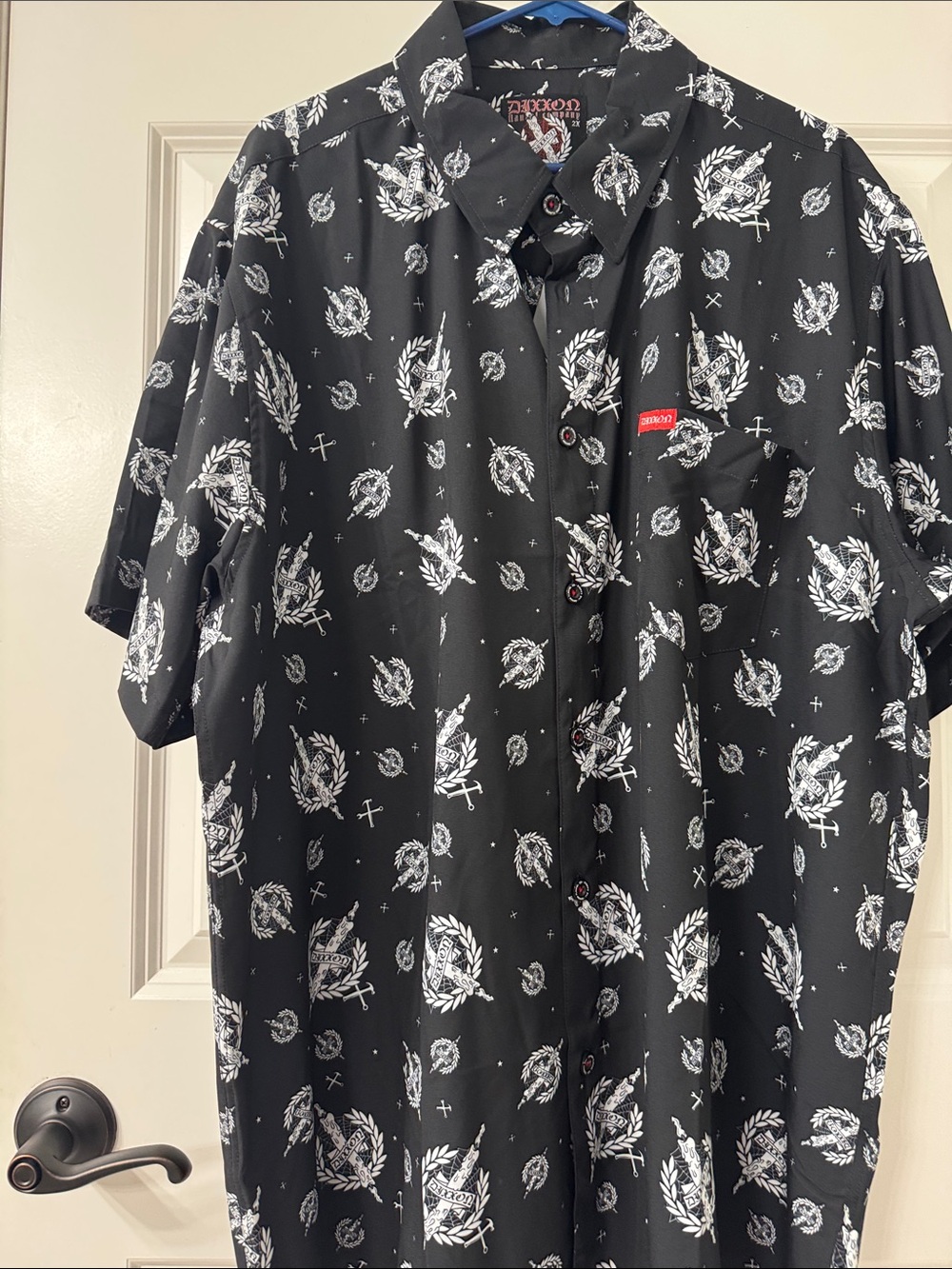 Dixxon Black Short-Sleeve Button-Up Shirt with White Crest Print